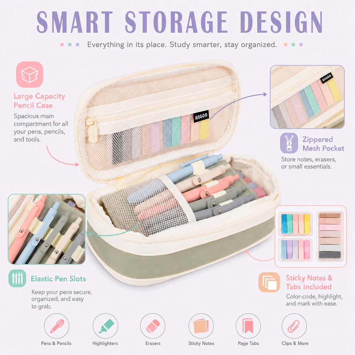 27 Pcs Aesthetic School Supplies Include 12 Pcs Aesthetic Highlighters Bible 1 Ppcs Big apacity Pen Case Bag 5 Pcs Retractable Quick Dry Gel Ink Pens 9 Pads Clear Sticky Tabs for School Office Home
