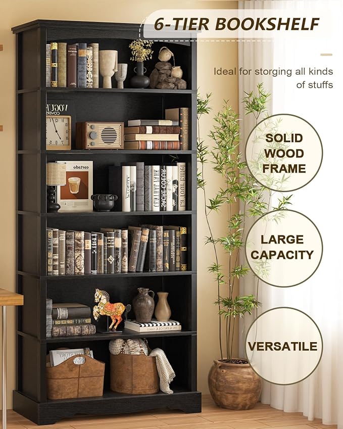TVU 6-Tier Wooden Bookshelf, 76 Inch Tall Bookshelf