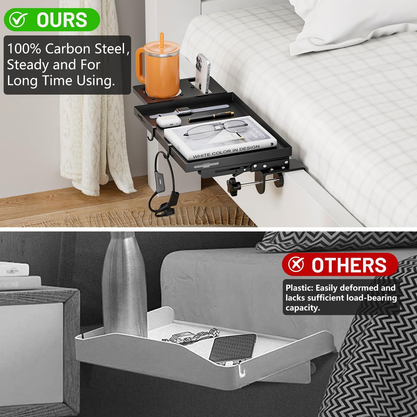 Bedside Shelf Foldable, Metal Clip-On Table Shelf for Dorm Room Bunk Bed & Top Bunk, College Dorm Room Essentials, Bedside Caddy, Floating Desk Tray, Bed Side Table Storage, Loft Nightstand Decor