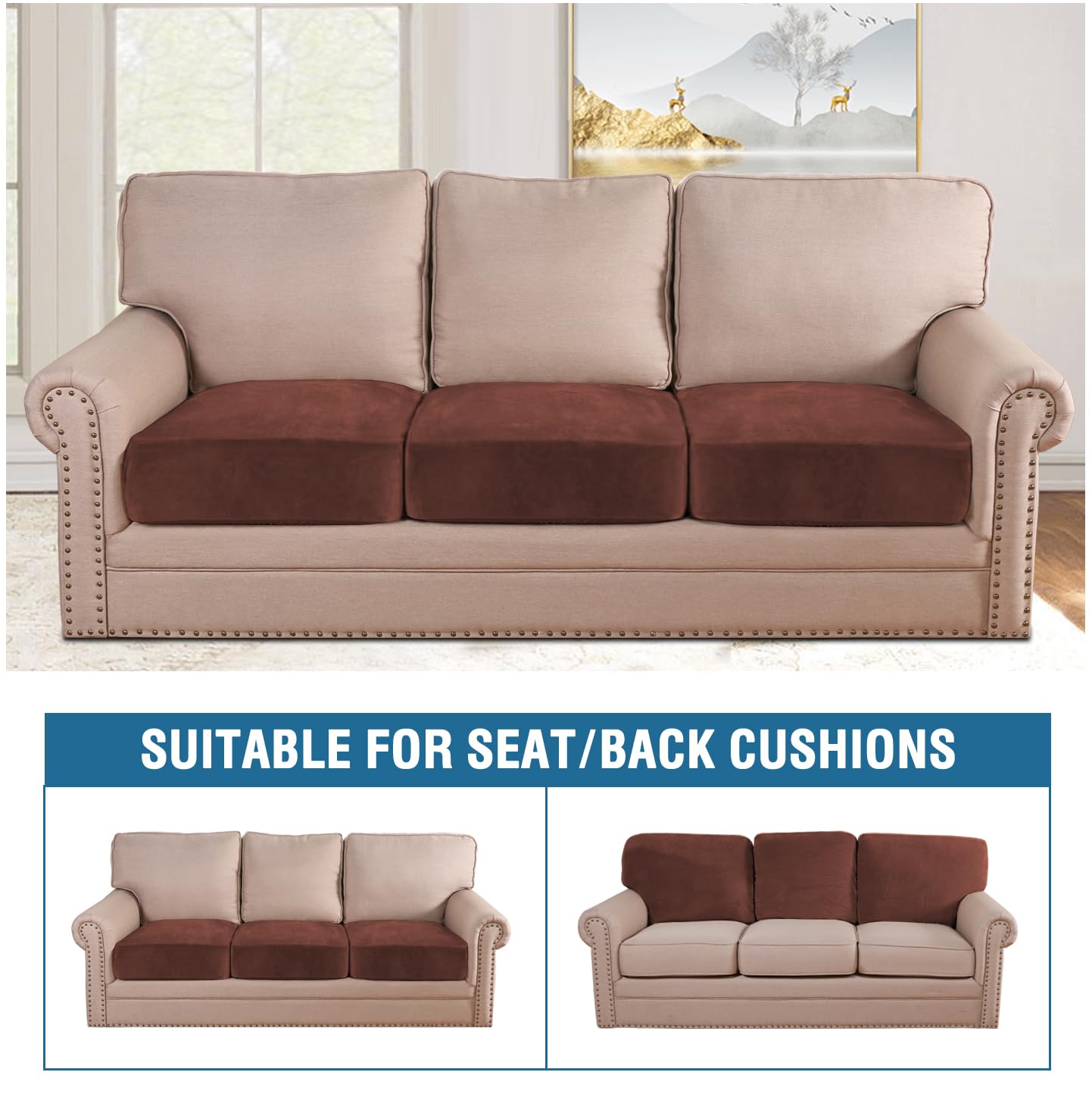 H.VERSAILTEX Velvet Stretch Couch Cushion Cover Plush Cushion Slipcover for Chair Loveseat Sofa Cushion Furniture Protector Seat Cushion Sofa Cover (3 Piece XL Sofa Cushion Covers, Burnt Brick)