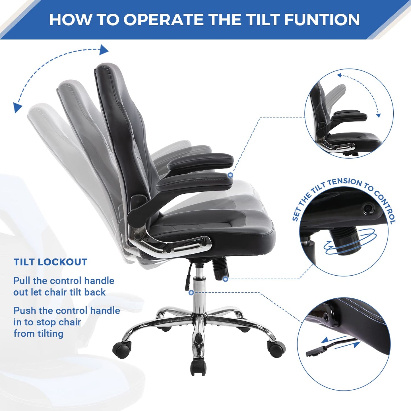 ZUNMOS Home Gaming Ergonomic Office Flip-up Armrest and Height Adjustable Desk Splicing PU Leather Computer Chair with Lumbar Support, Black (3959-BKZ6)