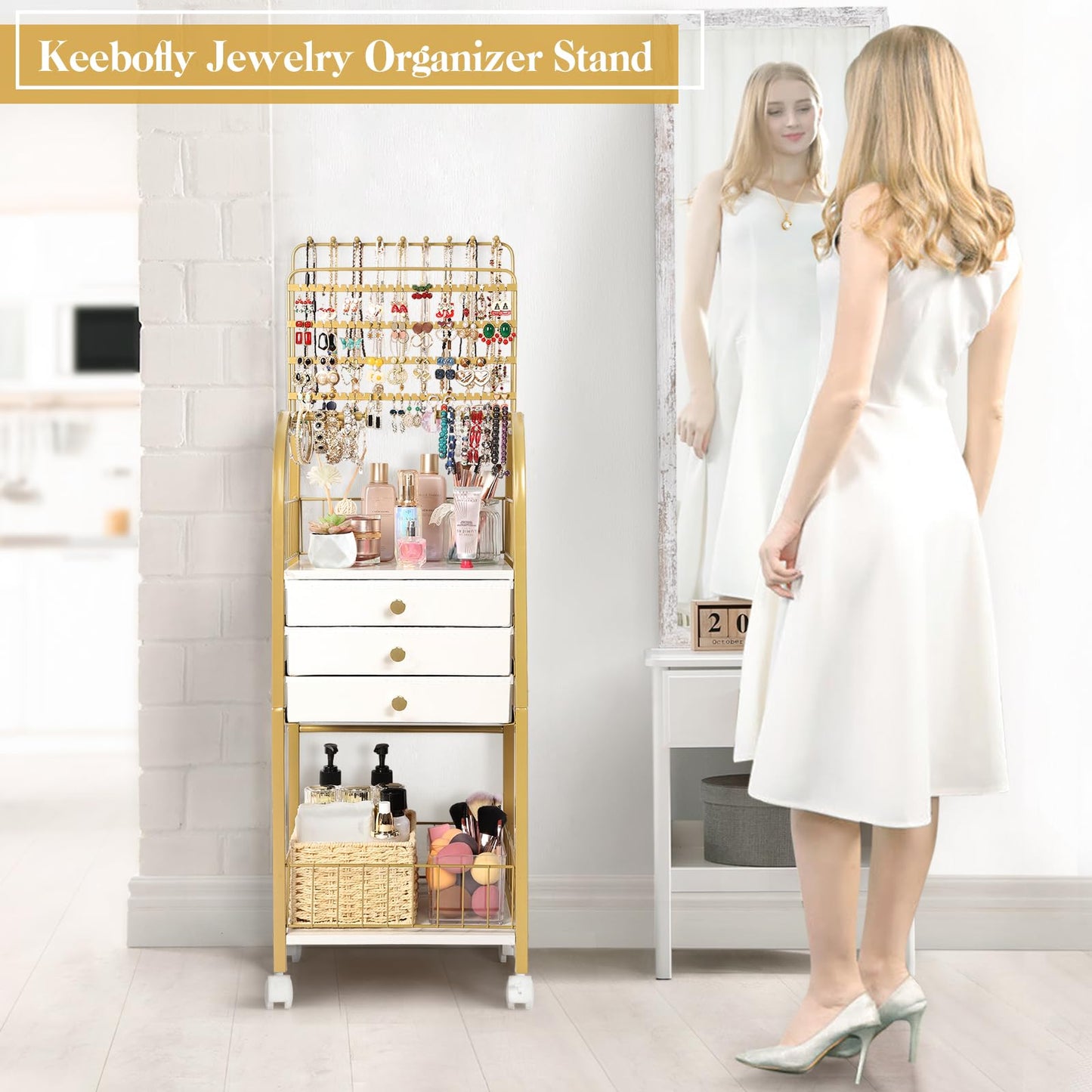 Keebofly Large Jewelry Organizer Stand with 3 Box Drawer - Necklace Organizer Earring Storage Armoire Holder with Display for Earring Necklace Ring Bracelet Gold