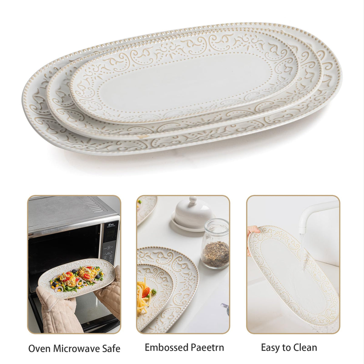 Feenmai Serving Platters Set, 14"/12"/10" Oval Ceramic Serving Plates, Embossed Serving Trays for Party, Oven Dishwasher Safe, Vintage White Serving Dishes for Entertaining, Appetizers, Pasta, Sushi