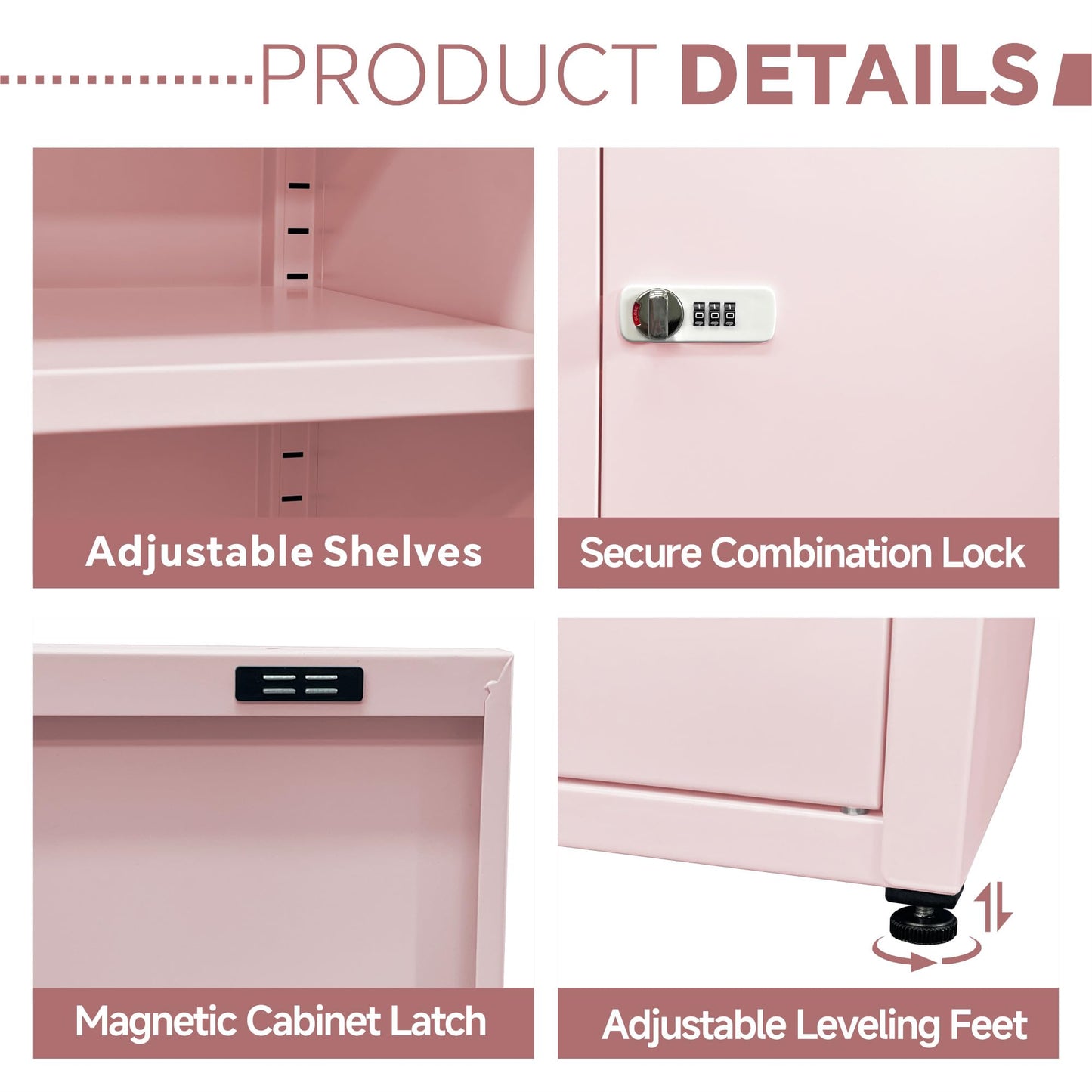 MIOCASA Metal Storage Cabinet with Lock, 3 Adjustable Shelves Single Door Steel Locker for Home, Office & Garage (Pink)