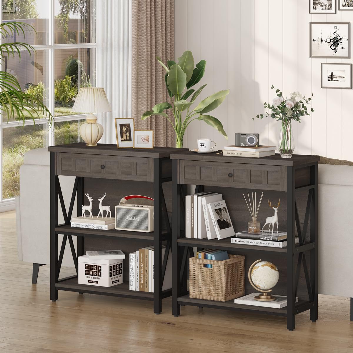 FATORRI Rustic Small Bookshelf, Industrial Wood Book Shelf with Drawer, 3 Shelf Bookcase for Small Space, Low Book case for Living Room, Home Office (Walnut Brown)