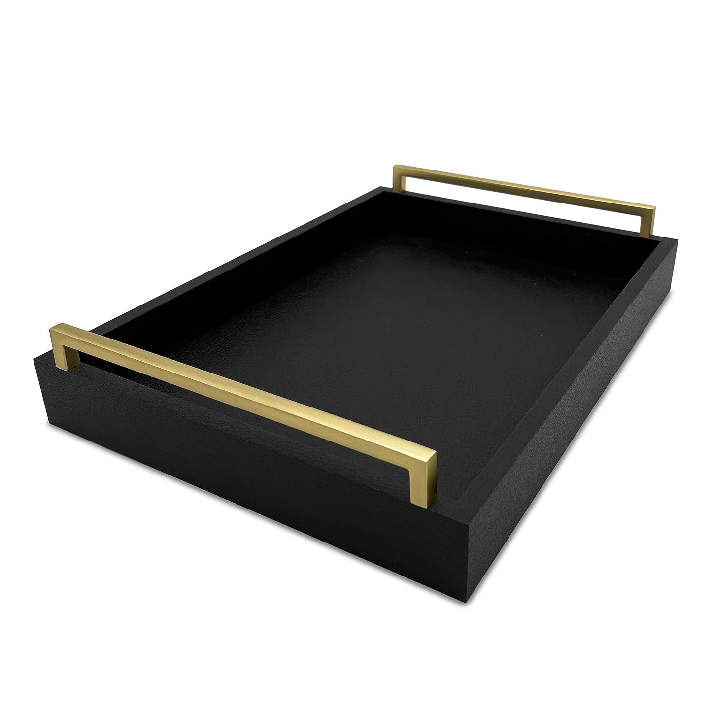 Montecito Home Decorative Coffee Table Tray - Shagreen Faux Leather - Ottoman Tray - Breakfast, Drinks, Liquor Serving Tray - Farmhouse to Modern - Brushed Champagne Gold Handles (Pitch Black)