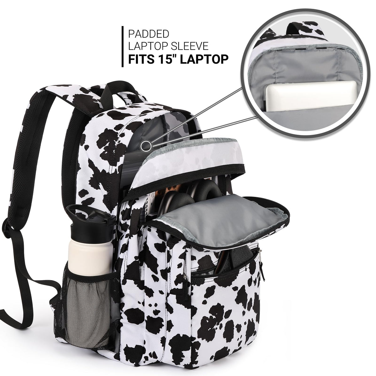 ZORFIN 26L Backpack for College, and Travel: Water Resistant Bookbag - Cow Print Black