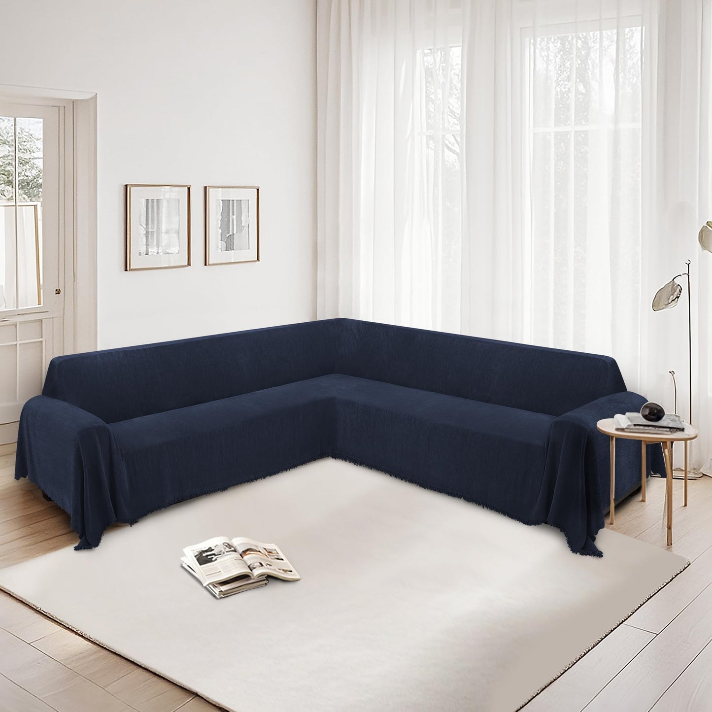 HDCAXKJ Corner Sectional Couch Covers for Dogs L Shape Sofa Cover with Tassel Chenille Super Soft Non Slip U Shaped Couch Cover Blanket Washable Pet Sectional Slipcovers Protector (Navy, 91x276 inch)