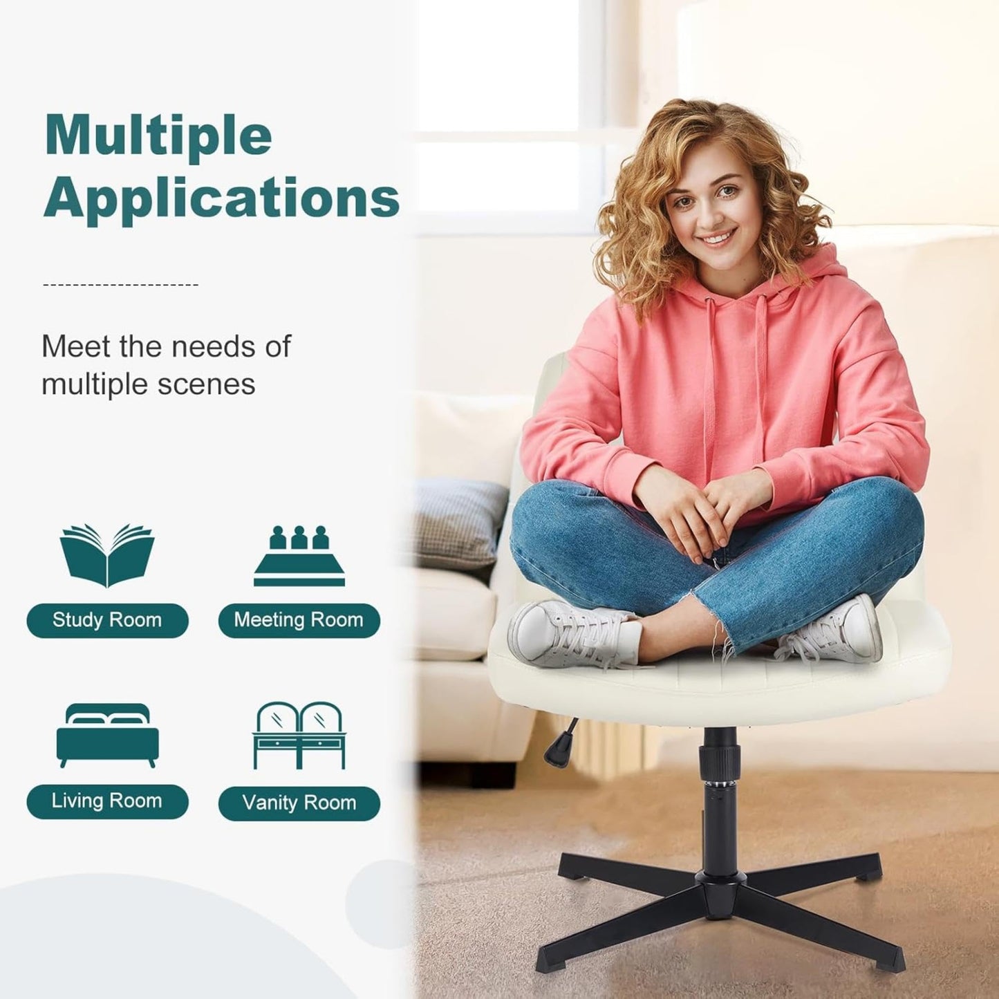 OLIXIS Criss Cross Legged Chairs Armless No Wheels Wide Seat Height Adjustable Swivel Padded PU Leather Home Office Desk Seating for Bedroom, Student, Study Room