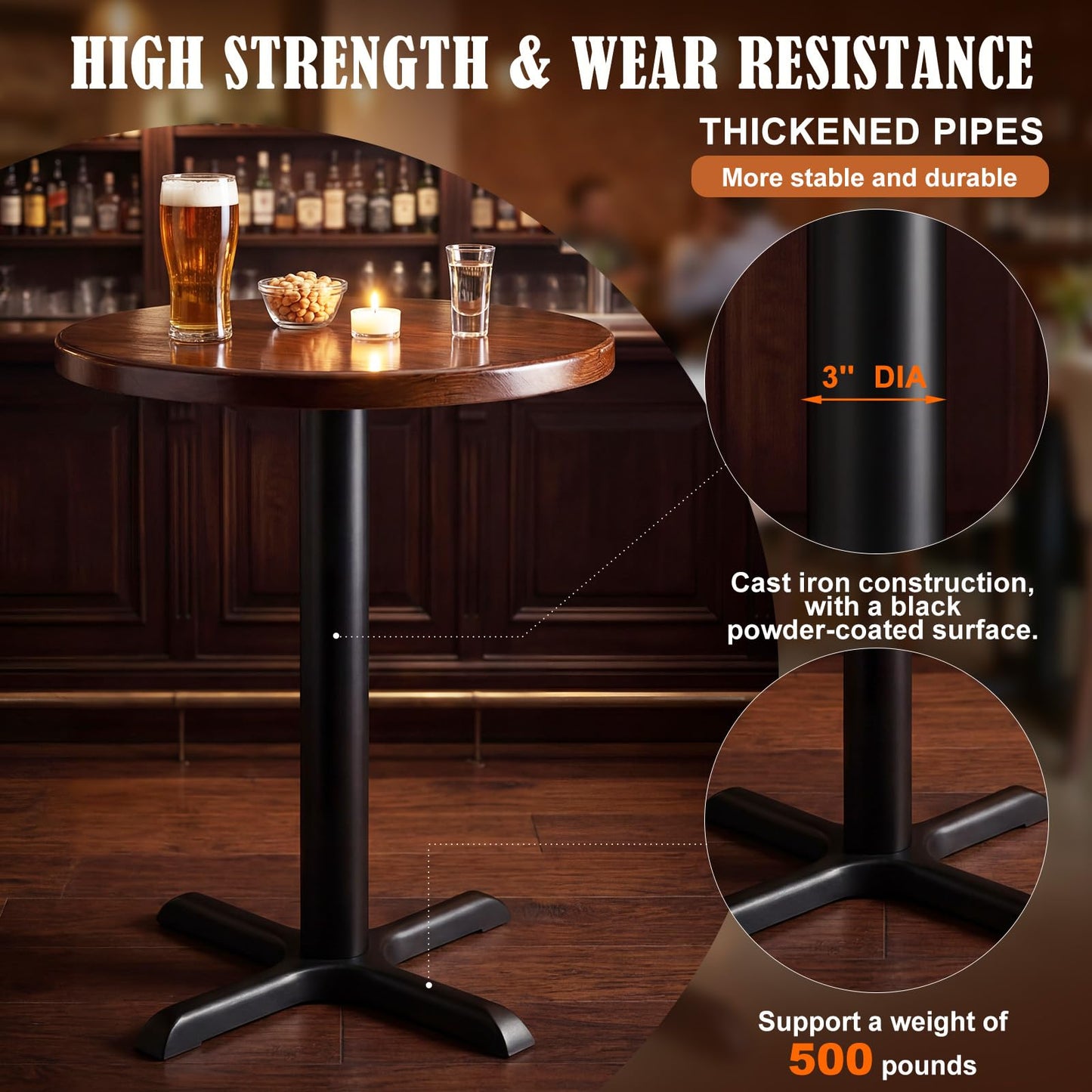 Leinuosen 2 Pack Heavy Duty Restaurant Table Base, 22" x 22" Cast Iron X-Base with 3" Dia. Dining Height Column, 28" Tall Pedestal Table Legs, 500 Lbs Capacity, for Restaurant Cafe Dining Tables