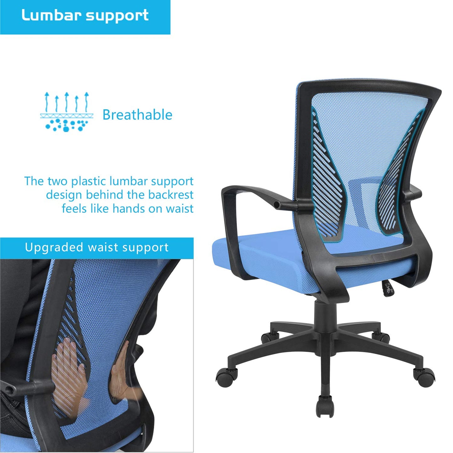 Furmax Office Chair Ergonomic Computer Desk Mesh Chair Mid Back Swivel Lumbar Support with Armrest (1, Blue)