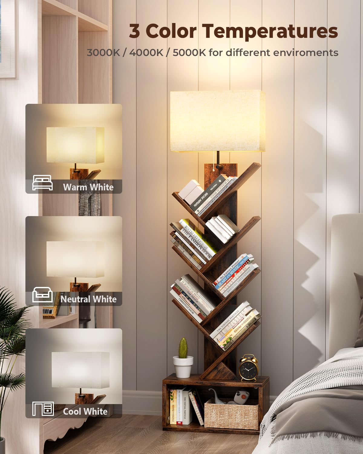 Evermagin 6 Tier Tree Bookshelf with Smart Light, Small Bookcase Tower with Remote Control, Tall Floor Standing Book Organizer for Living Room, Bedroom & Home Office, Rustic Brown