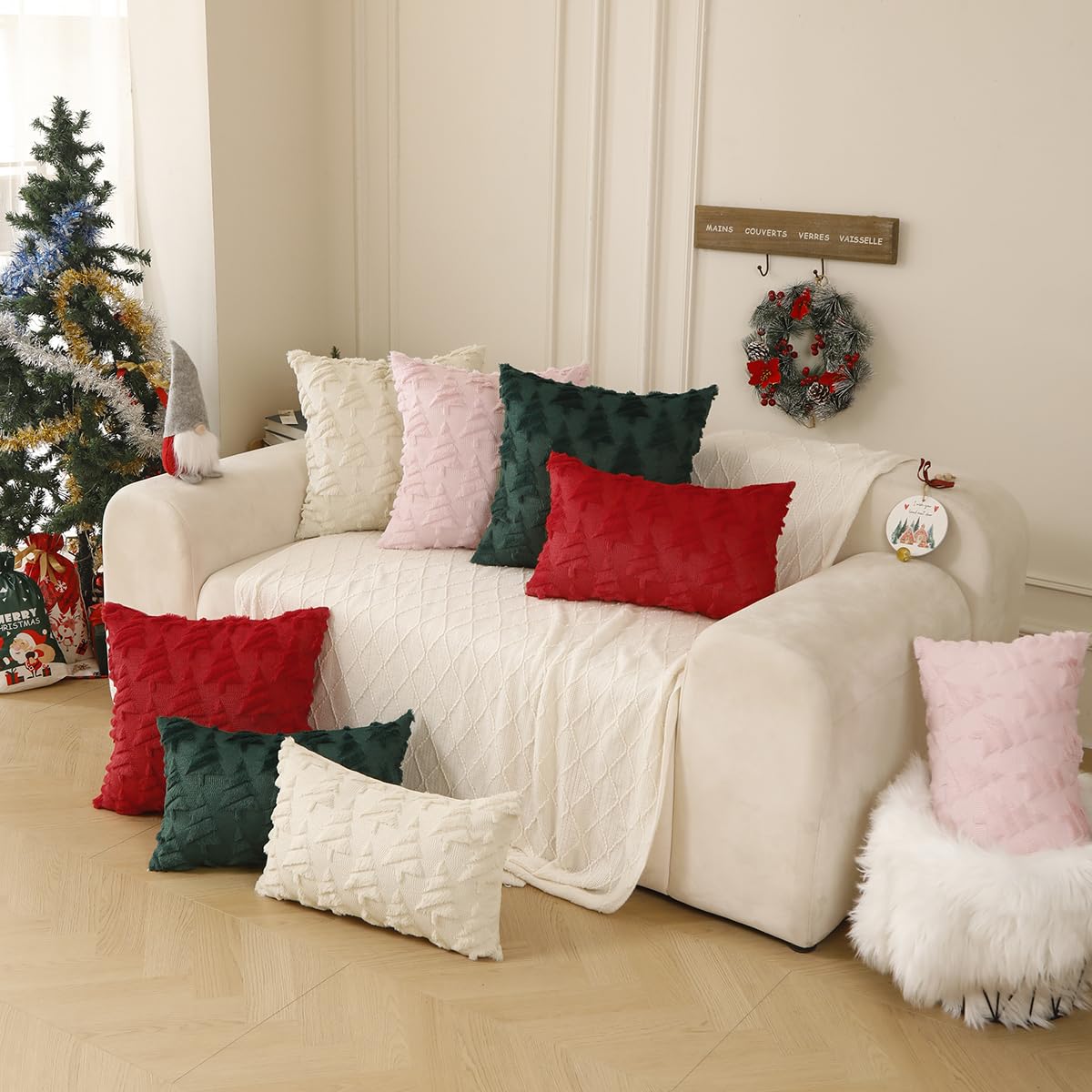All Smiles Christmas Decorative Pillow Covers 18x18 Set of 2, Xmas Navidad Ornaments Soft Plush Faux Fur,Decorations Winter Holiday Couch Cases Home Decor for Sofa Livingroom Bed,Red