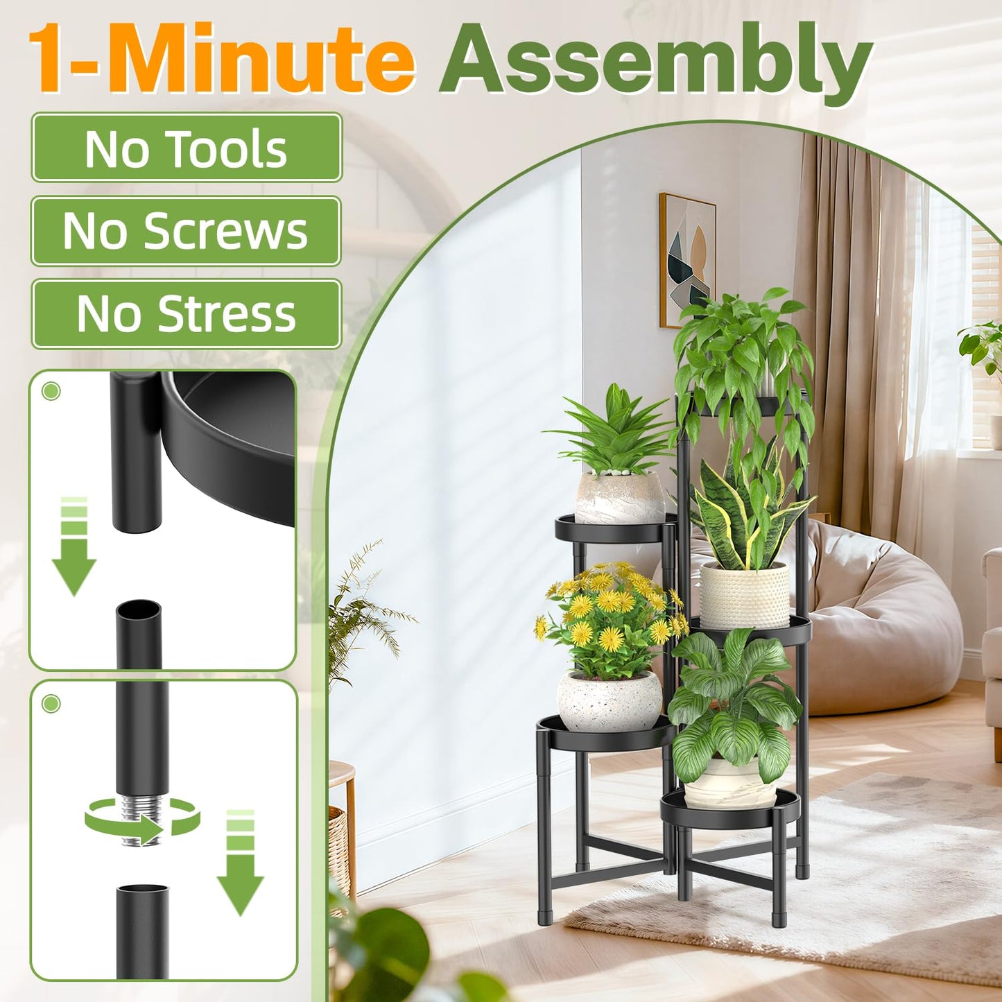 iDavosic.ly Plant Stand Indoor Outdoor, 5 Tier Corner Metal Flower Display Holder Shelf, Folding Tall Orchid Rack for Patio Balcony Porch Garden Living Room House, Black