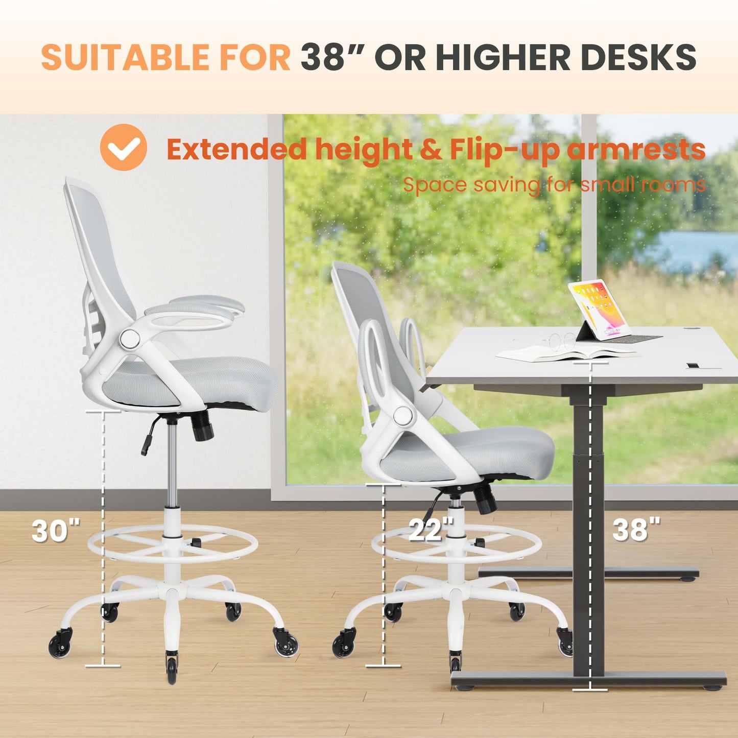 HYLONE Drafting Chair Tall Office, Ergonomic Standing Desk Stool Adjustable Drafting Chair Big Tall Drafting Office Chair White