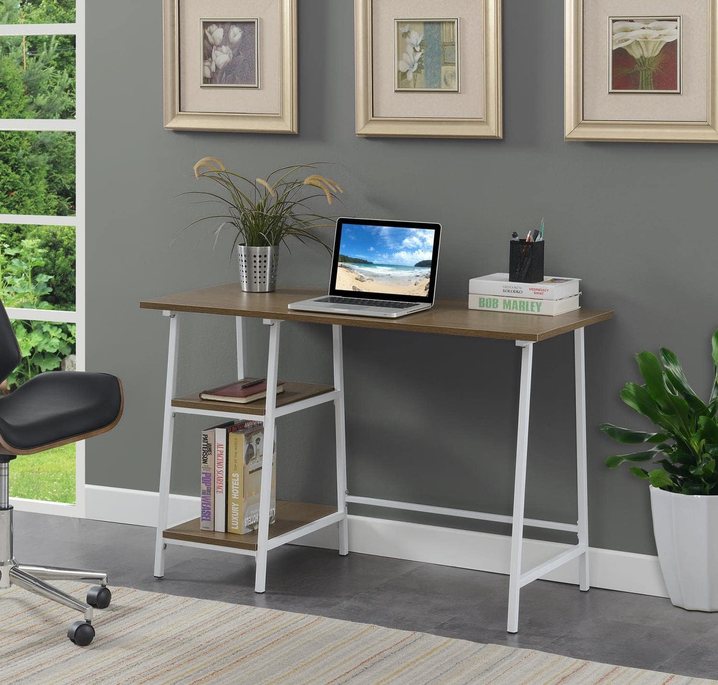 Convenience Concepts Designs2Go Trestle Wood Metal Desk, Driftwood/White