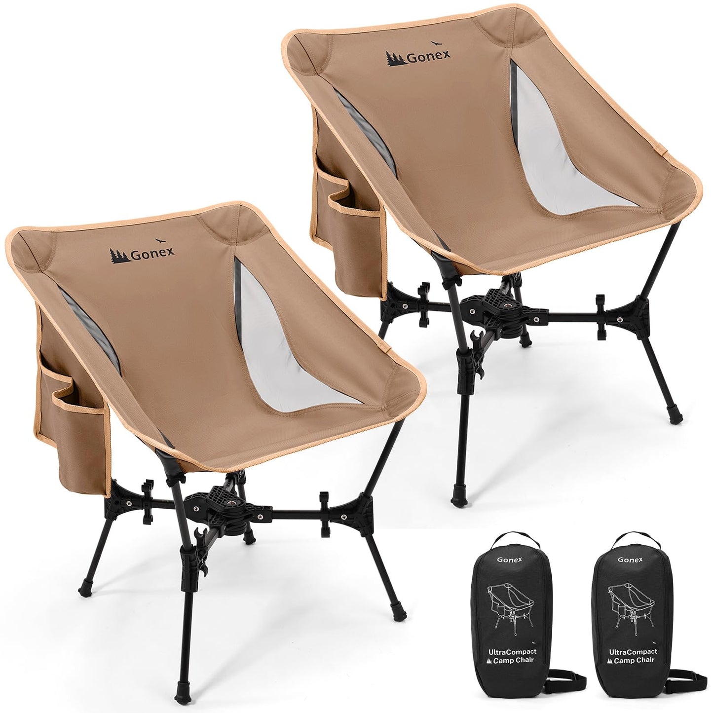 Gonex Portable Camping Chair, The 5th Gen Ultralight Compact Backpacking Foldable Lightweight Folding Chair for Outdoor Camp Hiking Beach Picnic Concert, Supports 330lbs (Khaki, 2 PCS)
