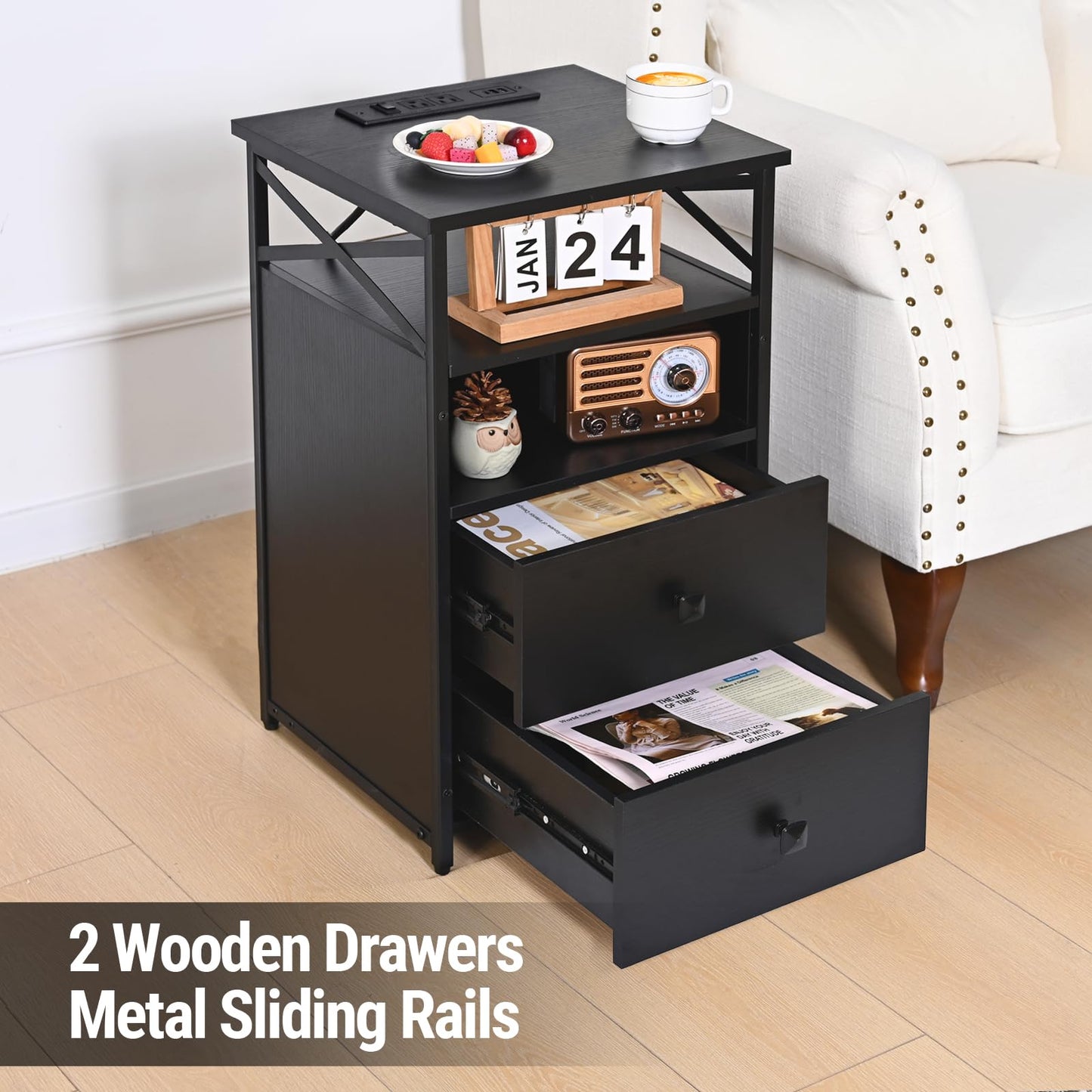 Livofloral LED Night Stand with Charging Station, Living Room Side Tables with Storage, Farmhouse End Table with Wood Drawers, Black End Table with Charging Station, Bed Side Table for Bedroom, Black