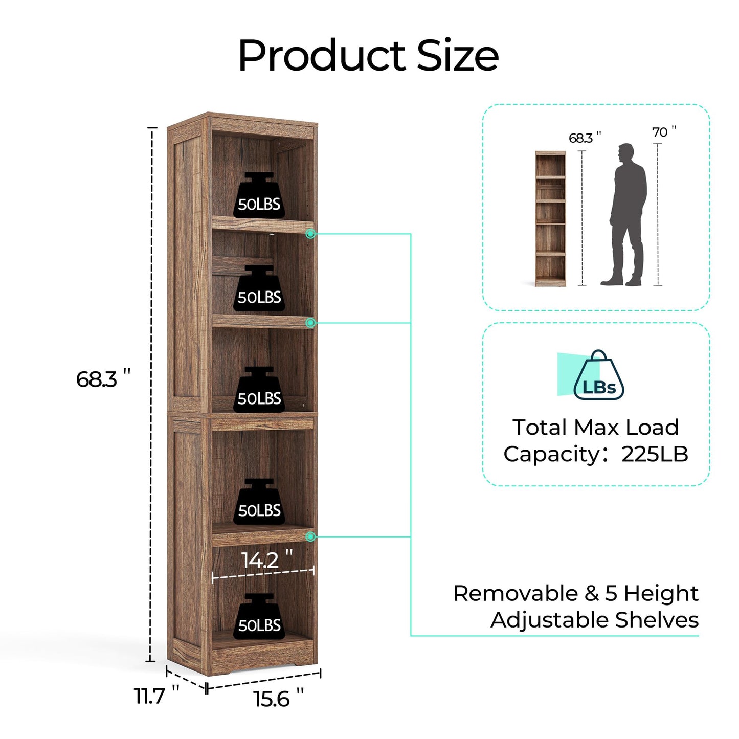 LINSY HOME 5-Shelf Bookcase, Narrow Bookshelves Floor Standing Display Storage Shelves 68 in Tall Bookcase Home Decor Furniture for Home Office, Living Room, Bed Room - Dark Brown