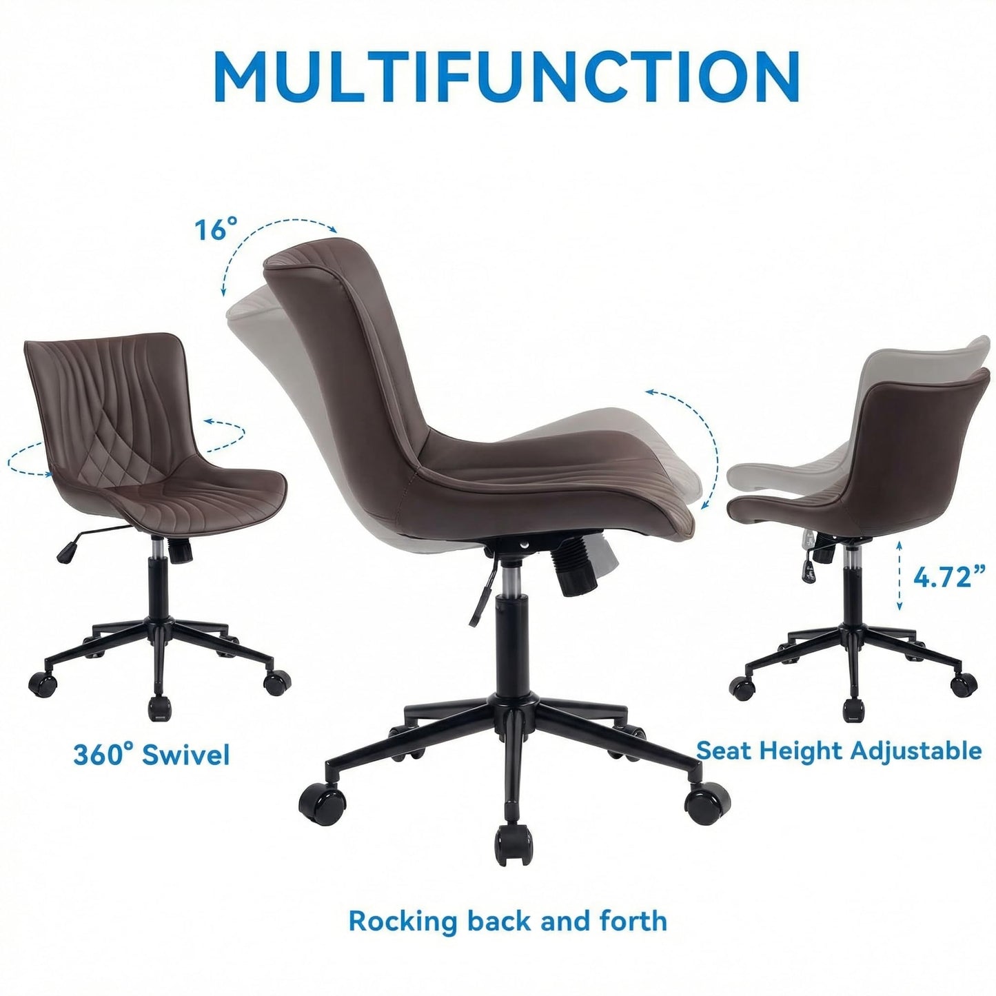 YOUNIKE Office Chair Brown, Armless Desk Chair with Wheels, Home Office Task Chairs, Modern Faux Leather Upholstered Adjustable Swivel Rocking Chair with Back