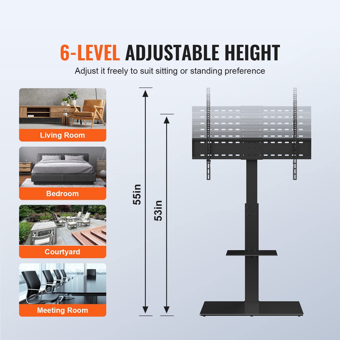 VEVOR Swivel TV Stand Mount, Adjustable Floor Stand for 32-85 Inch TVs, Holds Up to 110lbs, Height Adjustable with Tempered Glass Base, Max VESA 400x800mm for Living Room or Bedroom