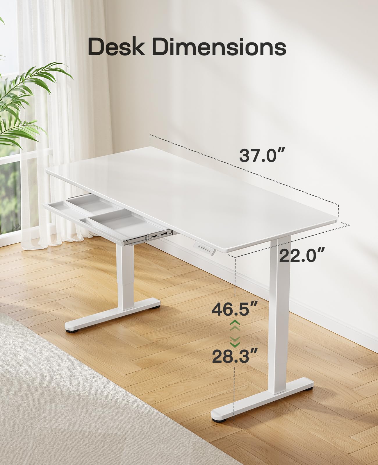 Marsail Glass Standing Desk with Drawer 37 x 22 Inches Stand up Desk Standing Desk Adjustable Height with One-Piece Tempered Glass Top, Ergonomic Home Office Desk with 4 Preset Heights White