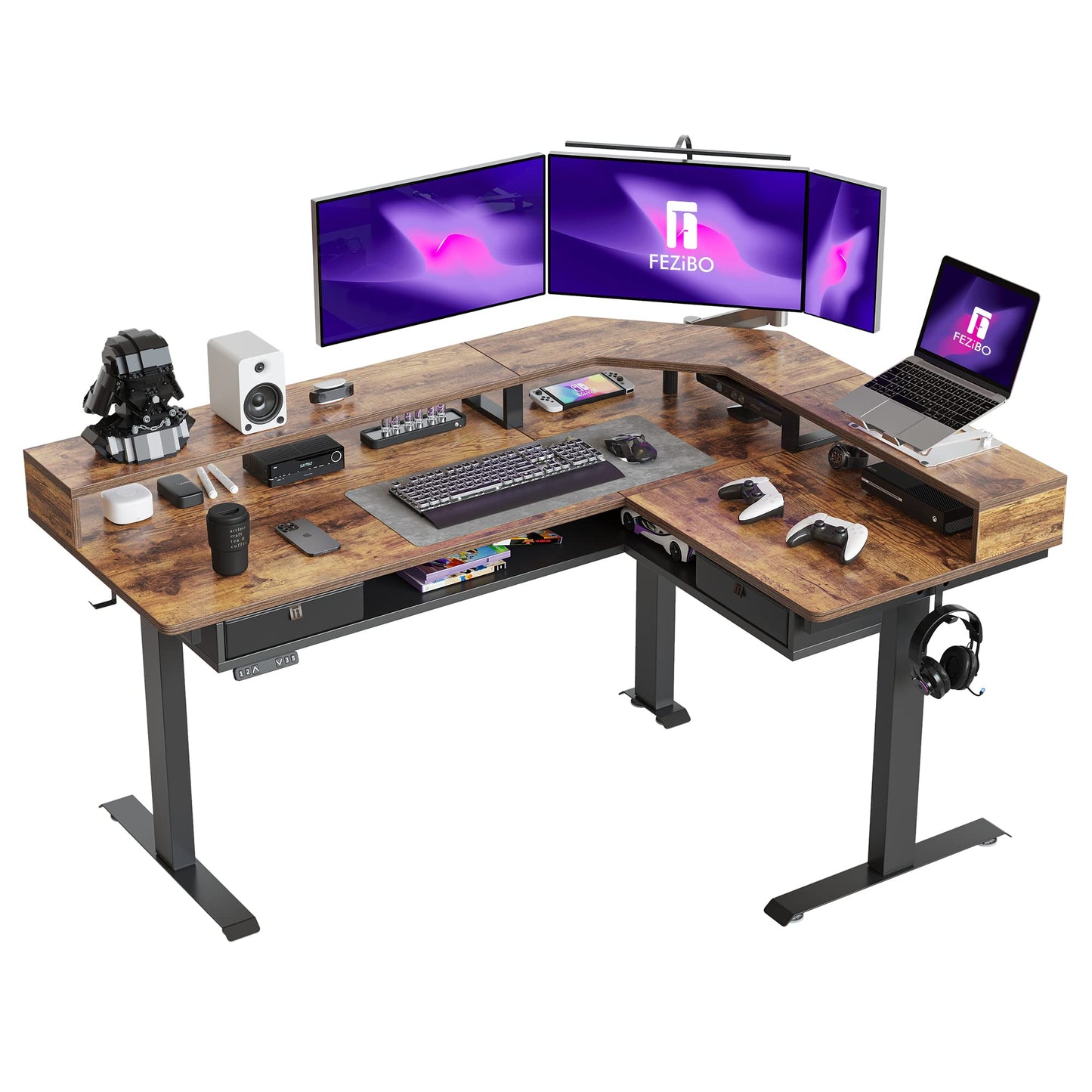 FEZIBO 63"x49" L Shaped Standing Desk with LED Strip & 2 Drawers, Upper and Lower Storage Shelves Available, Electric Height Adjustable, for Gaming, Office, Rustic Brown