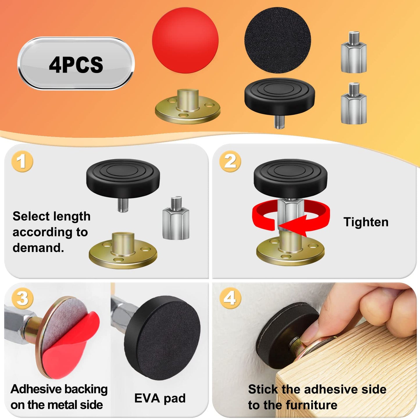SPEETH 4 Pack Headboard Stoppers, Adjustable Bed Noise Stopper for Wall, Bed Frame Post Anti-Shake Tool, Head Board Stabilizer Pad Support Bumper Guards, Threaded Fixer Keep from Squeaking, 30-105mm
