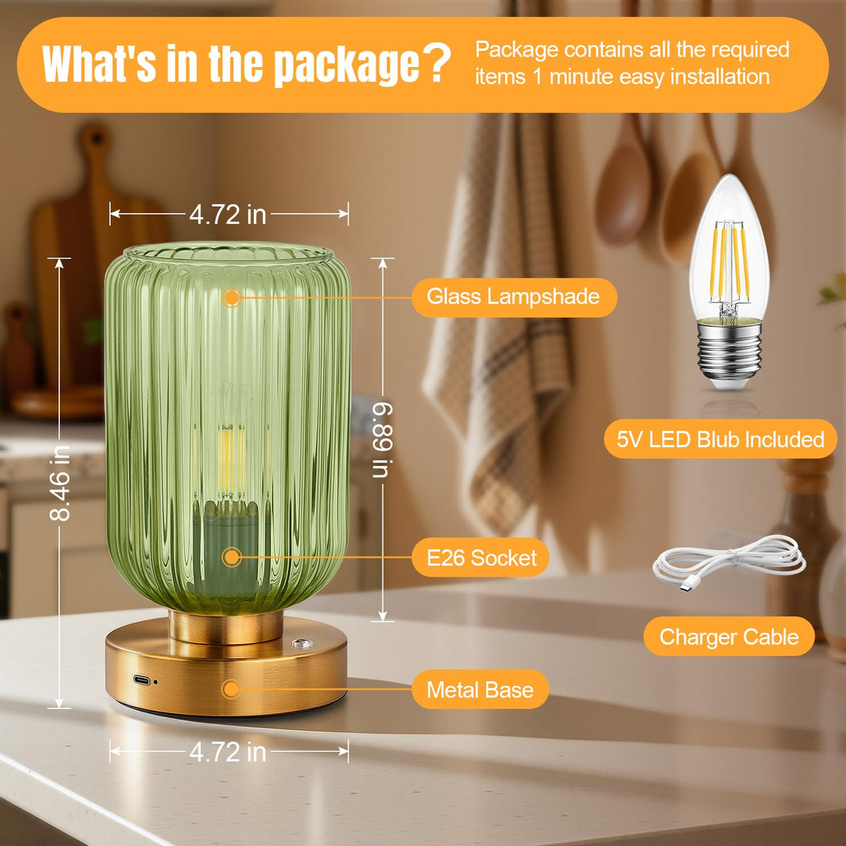 LightRound Cordless Table Lamp for Bedroom, 7500mAh Rechargeable Battery Operated Lamp, Modern Touch Dimmable Wireless Lamp Gold Base Green Glass Shade for Living Room, Desk, Led Bulb Included