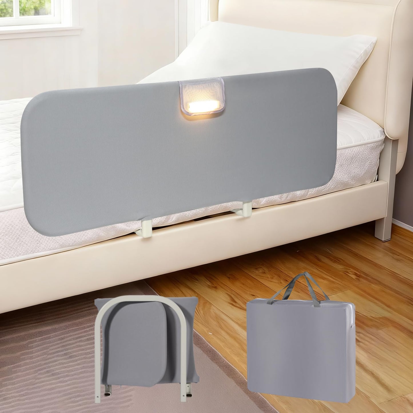 PlentiVive Travel Bed Rails for Toddlers with Motion Sensor Light, Foldable Toddler Bed Rail 48" Extra Long Safety Guard, Deep U-Shaped Base (No Straps Needed) for Twin, Full, Queen & King Mattresses