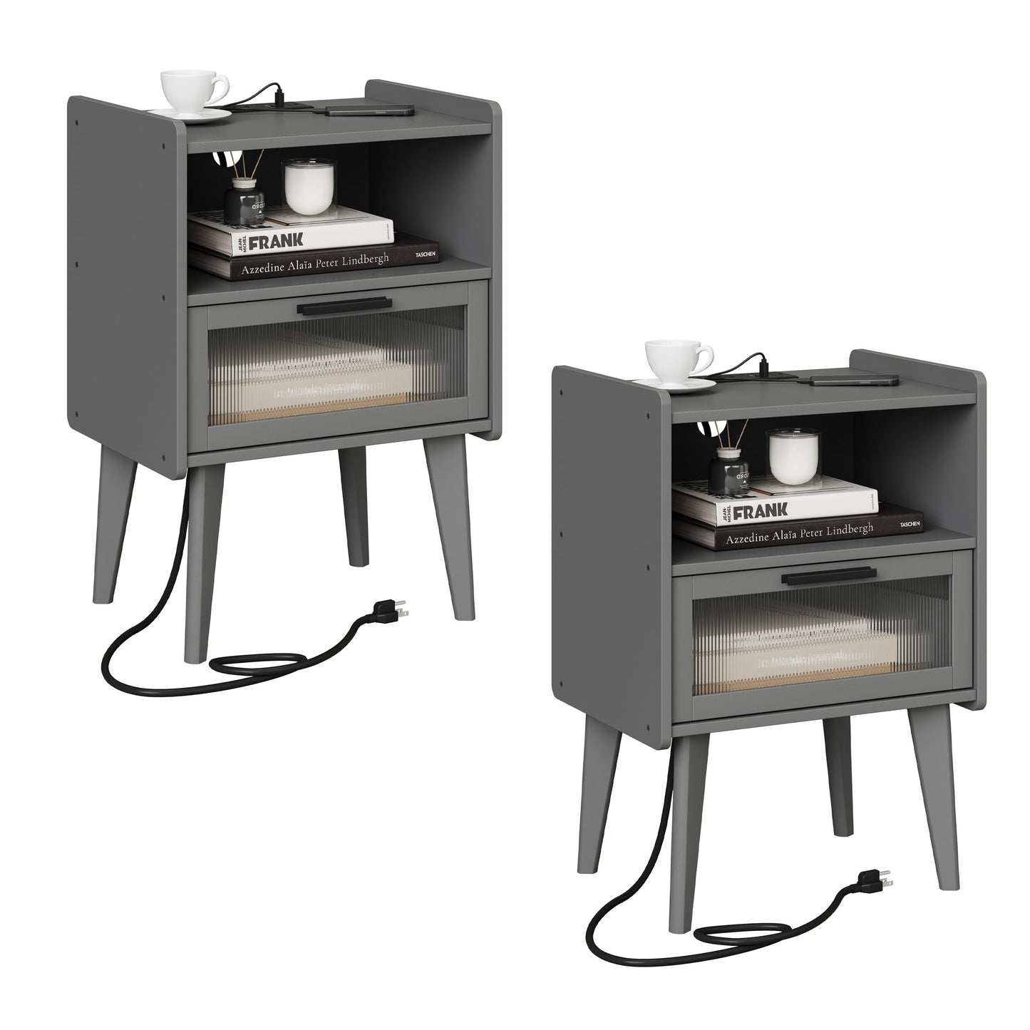 MMEOLUOOK Nightstand with Charging Station, Bedside Tables Set of 2, End Table Side Table with 2 Tiers Storage Space, for Bedroom, Living Room, Grey MLBZ07ZEV-2