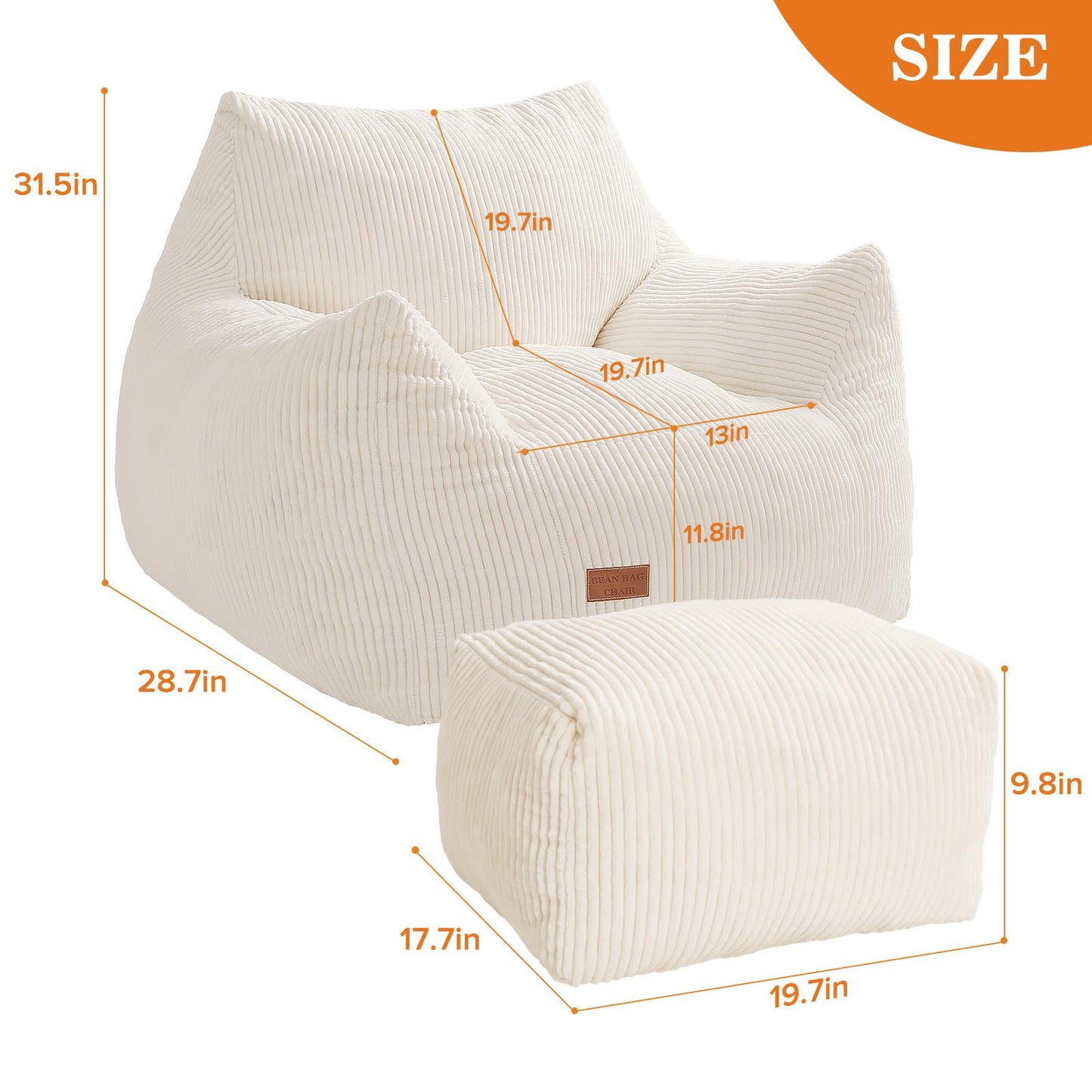 Vellorise Big Bean Bag Chair for Adults, Ultra Soft Living Room Bean Bag with Armrests & Ottoman, Stuffed BeanBag Chair for Napping, Gaming, Vacuum-Compressed for Easy Gifting, 48h to Expand Beige