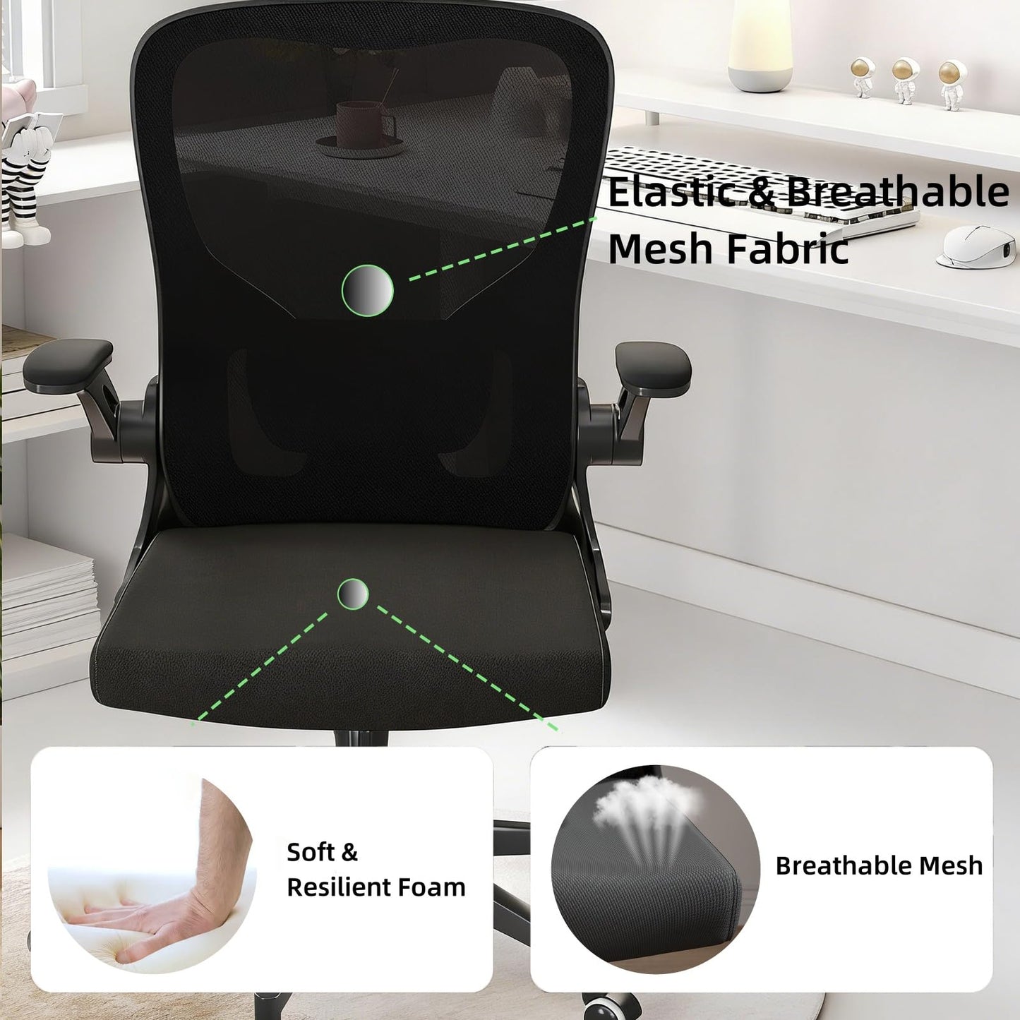 Ergonomic Office Chair, High-Back Mesh Computer Desk Chair with Adjustable Height, Lumbar Support, Flip-Up Armrests,and Swivel Rolling Design for Home and Office Use