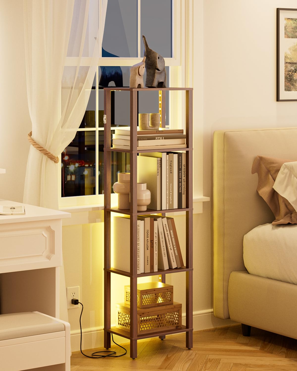 Apetaccat Open Book Shelf with LED Lights, 5 Tier Tall Bookshelf, Freestanding Shelf Narrow Bookcase with Open Shelves, 14.96" x 10.63" x 53.54", Book Shelves for Living Room, Office, Study, Walnut