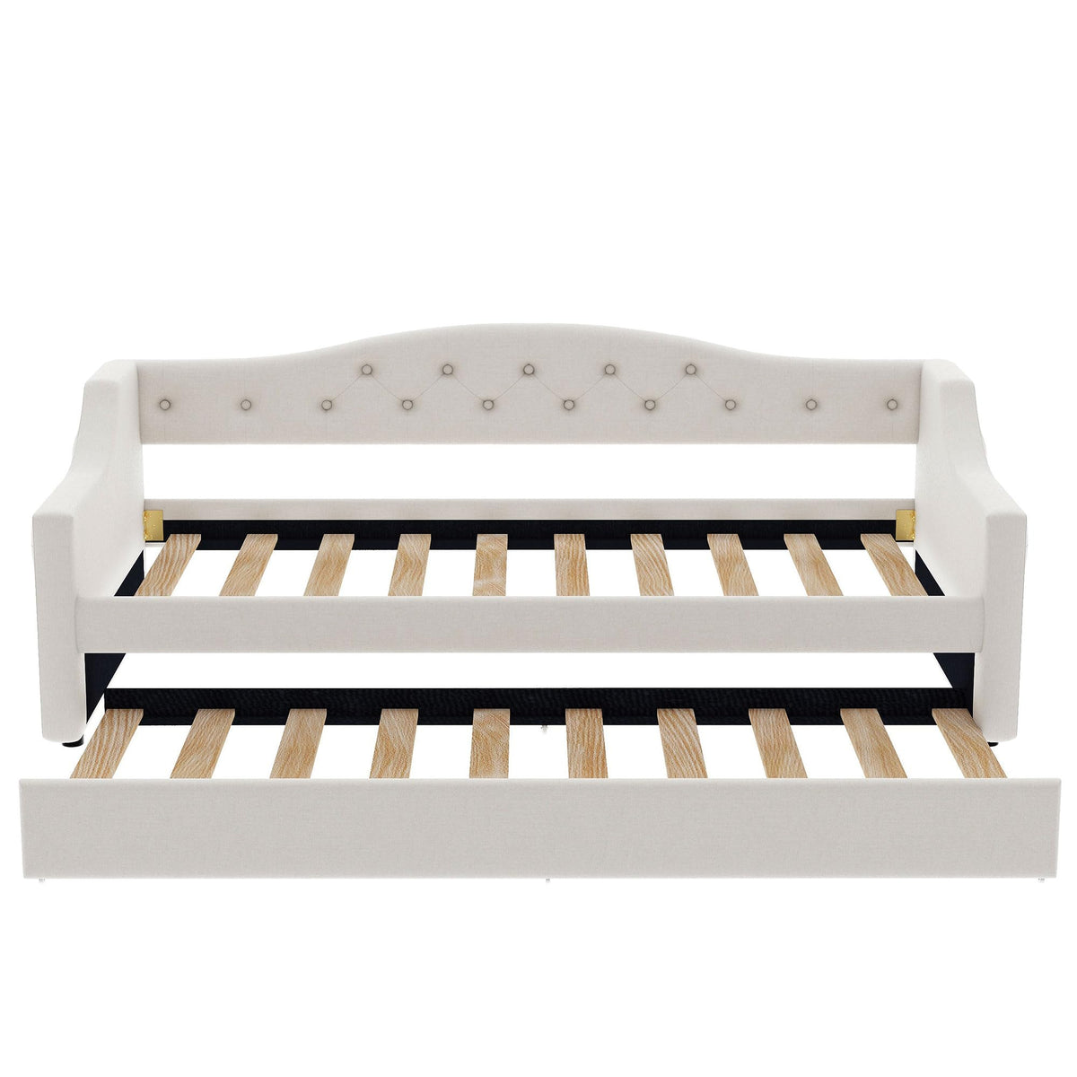 GDFStudio Twin XL Upholstered Daybed with Linen Fabric, LED Lighting Belt, Pull-Out Trundle, Sturdy Pine Wood Frame with Slats, Modern Beige Platform Bed for Users, No Box Spring Required, Beige
