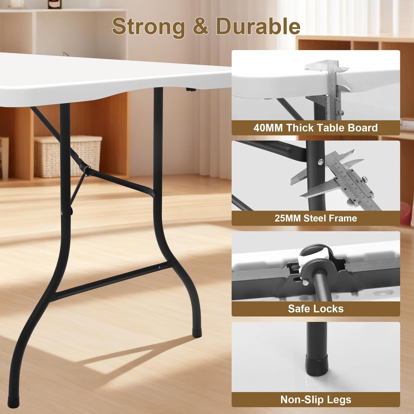 Keycozy Heavy Duty 6ft Folding Table, Portable Fold-in-Half 6 Foot Foldable Table, Table of Utility Dining Indoor Outdoor with Carrying Handle for Camping Picnic and Party, White