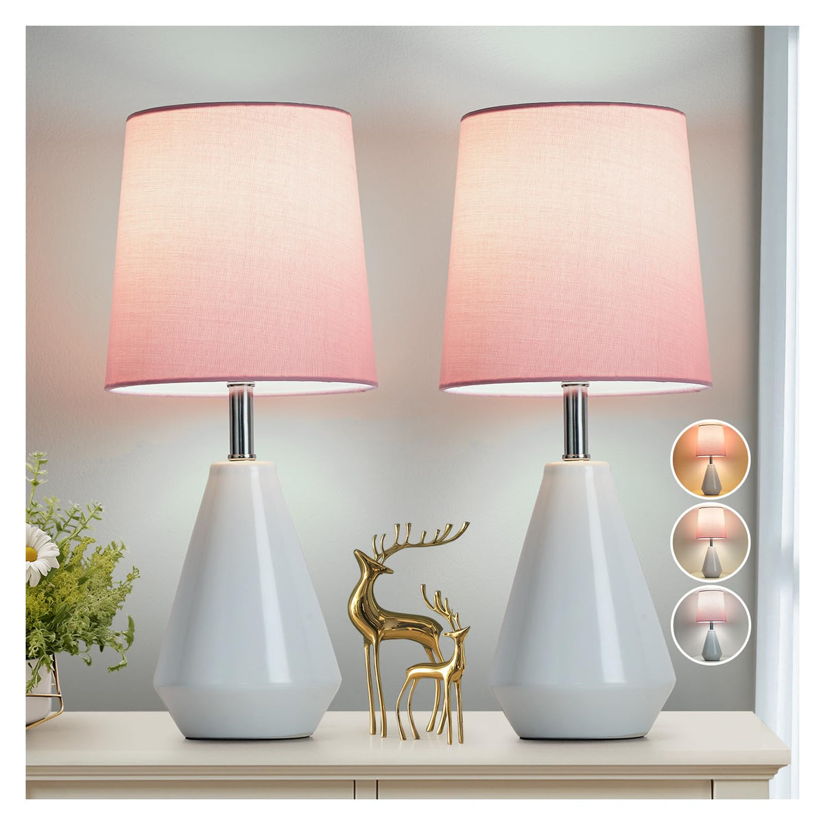bdayanx Small Bedside Table Lamp for Bedroom-Reading Desk Lamp Set of 2,with 3 Color Temperatures,15.5" Nightstand Ceramic Lamp with Fabric Shade for Kids Room,Living Room,Dorm,Home Office