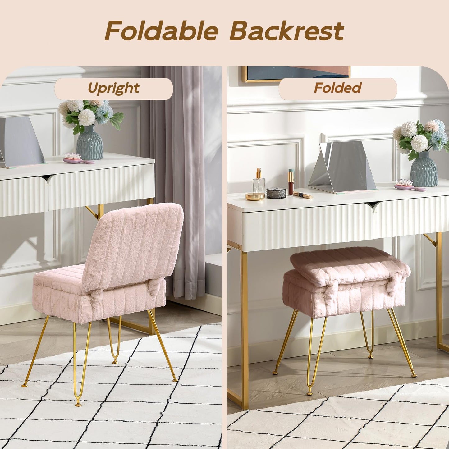 Manyday Vanity Chair with Storage, Comfy Ottoman with Folding Back, Faux Fur Vanity Stool with 4 Metal Legs for Make Up, Furry Padded Seat with Anti-Slip Feet for Bedroom Dressing Room