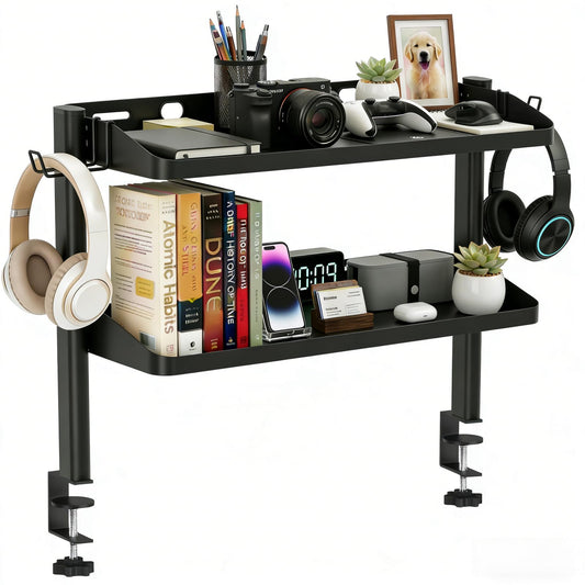 DEARPER Clamp on Desk Shelf, 24in 2-Tier Office Desk Shelves Organizer, Shelf for Top of Desk with Headphone Holder and Hooks, Desktop Storage Rack for Home Workspace, Study Rooms, Gaming Accessories