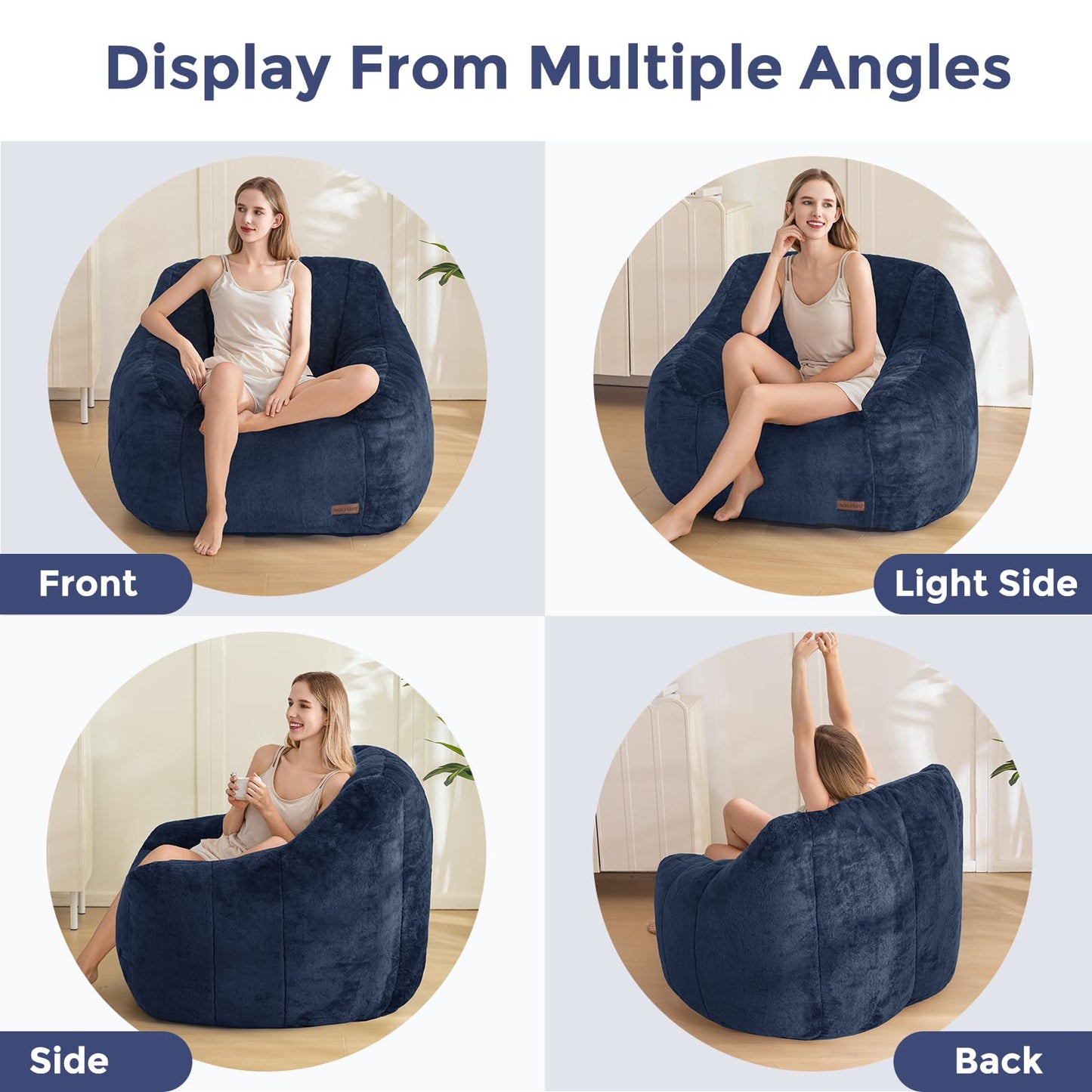 MAXYOYO Bean Bag Chair, Comfy Bean Bag Sofa with Back Support, Faux Fur Bean Bag Chair for Adults and Kids, Stuffed Floor Sofa for Living Room, Bedroom, Apartment, Navy