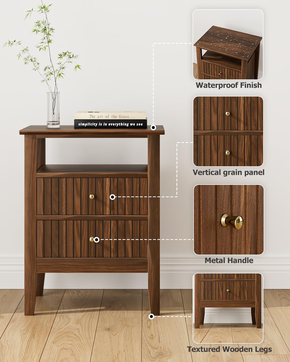 Apetaccat Fluted Nightstand, Farmhouse Night Stand with 2 Drawers, Mid Century Modern Side Accent Table,Bedside End Table for Bedroom, Living Room, Brown