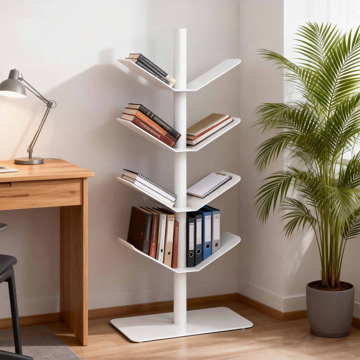 Luttasa 5 Tier Metal Spine Bookshelf Tower, Metal Vertical Bookshelf Display Shelf for Collectibles, Fgures, for Study Room, Living Room, Office, Bedroom (White, 5 Tier(V-Shaped))