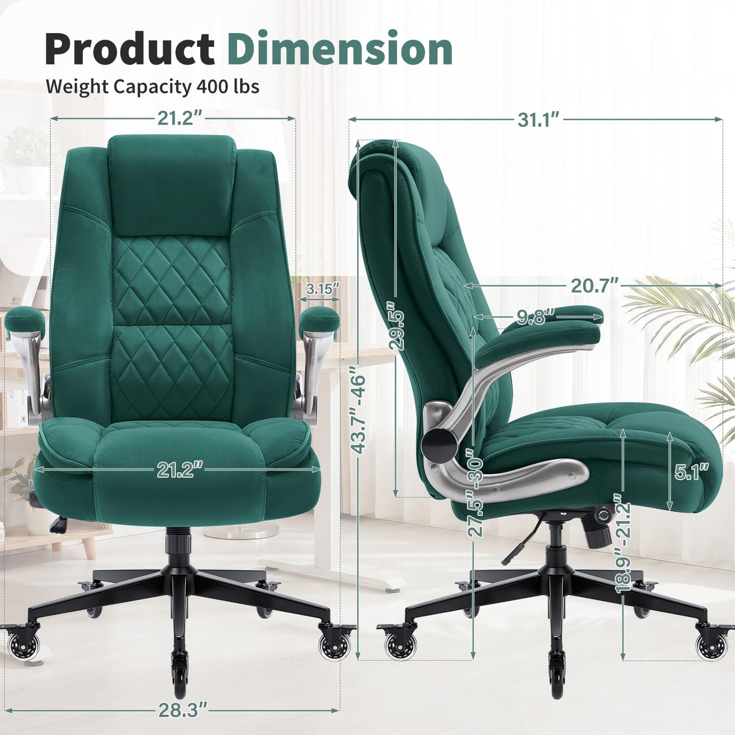 Fabric High Back Office Chair with Lockable Quiet Casters, Thick Padded Ergonomic Computer Chair- Adjustable Lumbar Support & Flip-Up Arms, Wide Executive Desk Chair for Back Pain, 400LBS Capacity