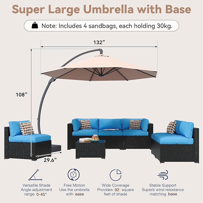 Aoxun Patio Furniture Set with Umbrella, 8 Piece Outdoor Sectional Sofas