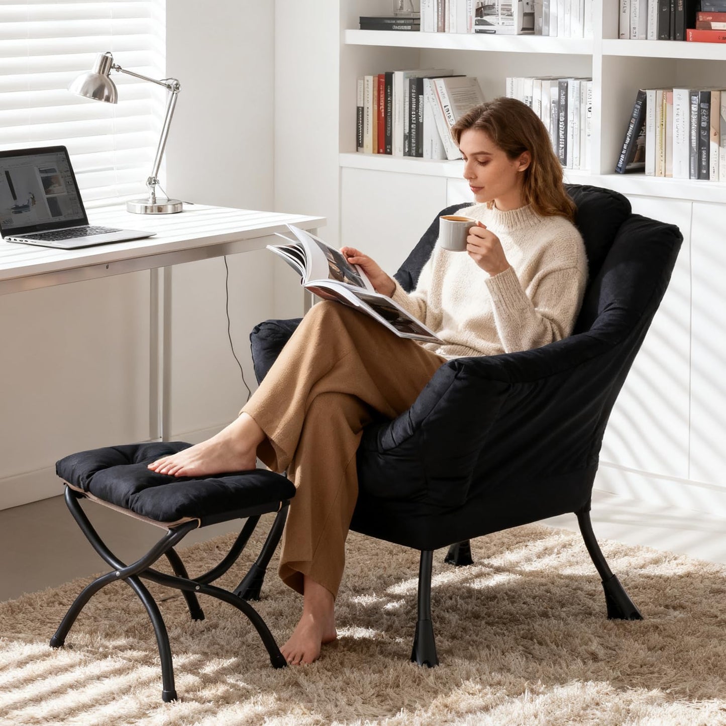 SESHINELL Lazy Chair with Ottoman, Modern Accent Chair Sofa Chair with Armrests, Reading Chair and Folding Footstool for Living Room, Bedroom, Office, Plush Black