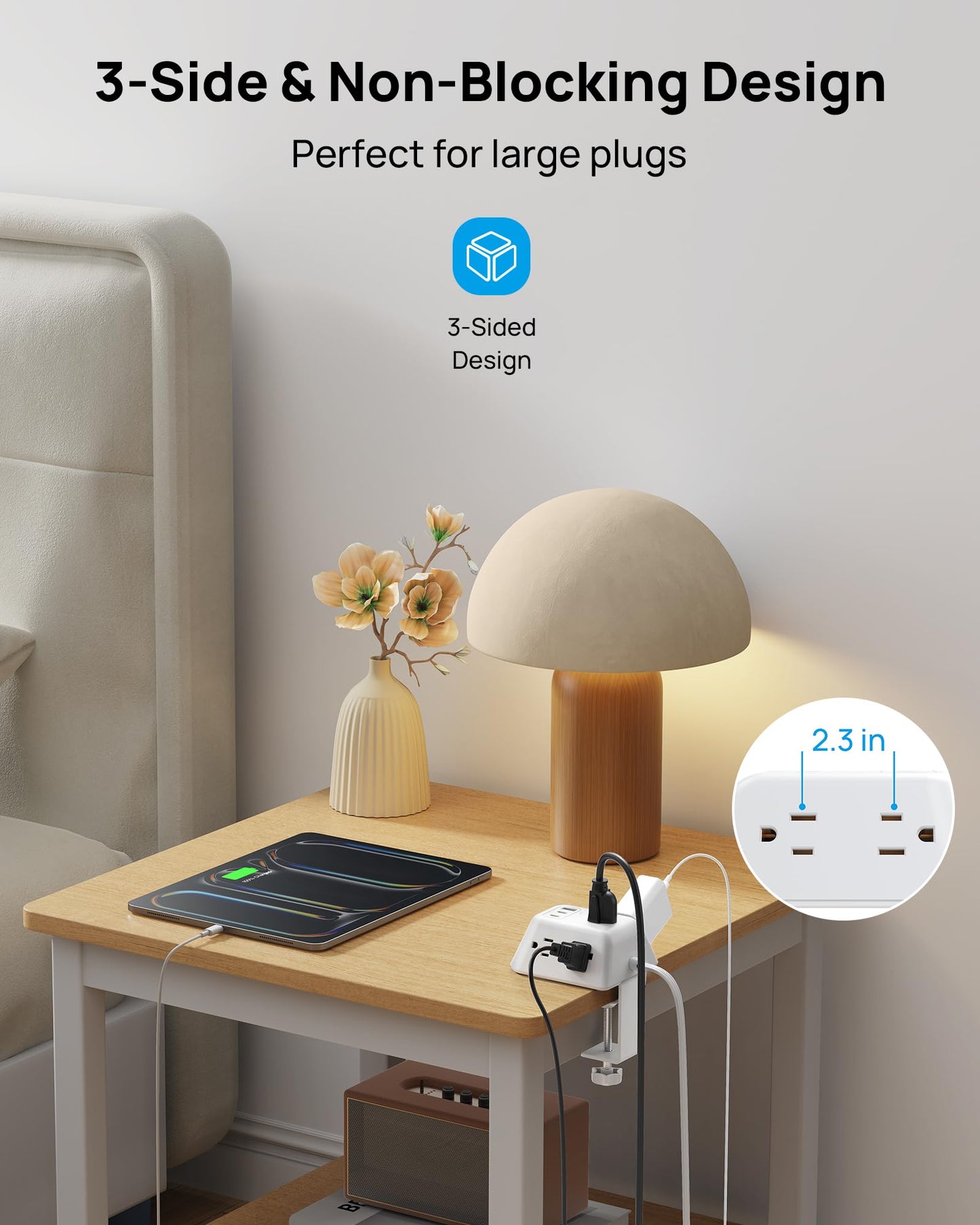 TROND Desk Clamp Power Strip with USB C PD 20W, Desktop Charging Station with 5 AC Outlets, 1440J Surge Protector, Fit 1.97in Tabletop Edge Thick, Extension Cord 6ft for Home Office Essentials, White