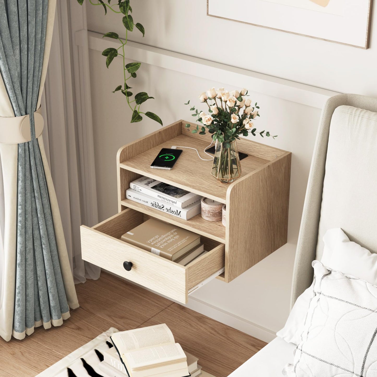 Floating Nightstand Set of 2 Modern Night Stands with Drawer and Open Shelf Cubby Small Bedside End Table with Charging Station Wall Mounted Nightstands Set 2 for Bedroom Natural