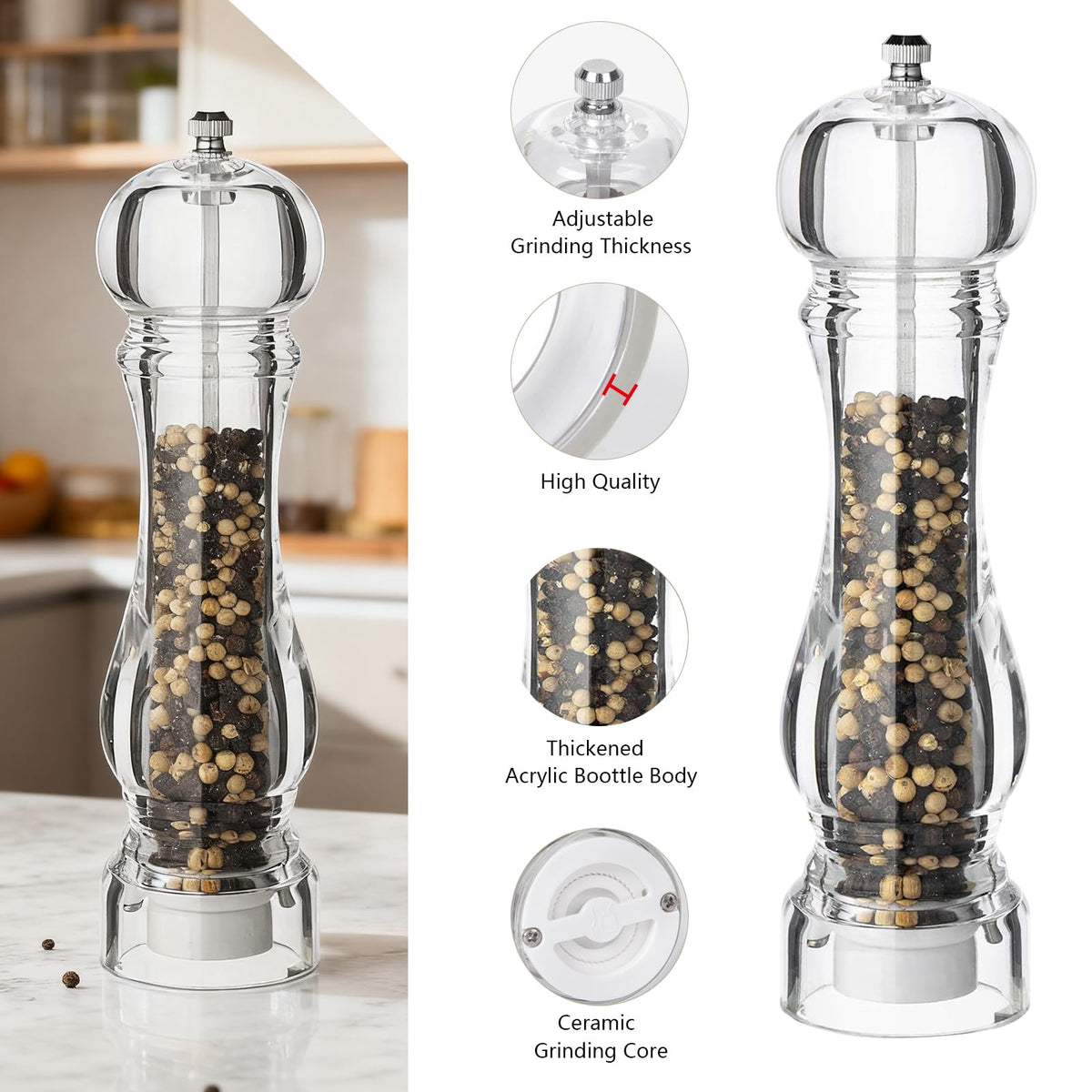 LHS Salt and Pepper Grinder Set, Manual Pepper Mills, 2Pcs Salt Grinder Peppercorn Grinders with Adjustable Coarseness-Clear