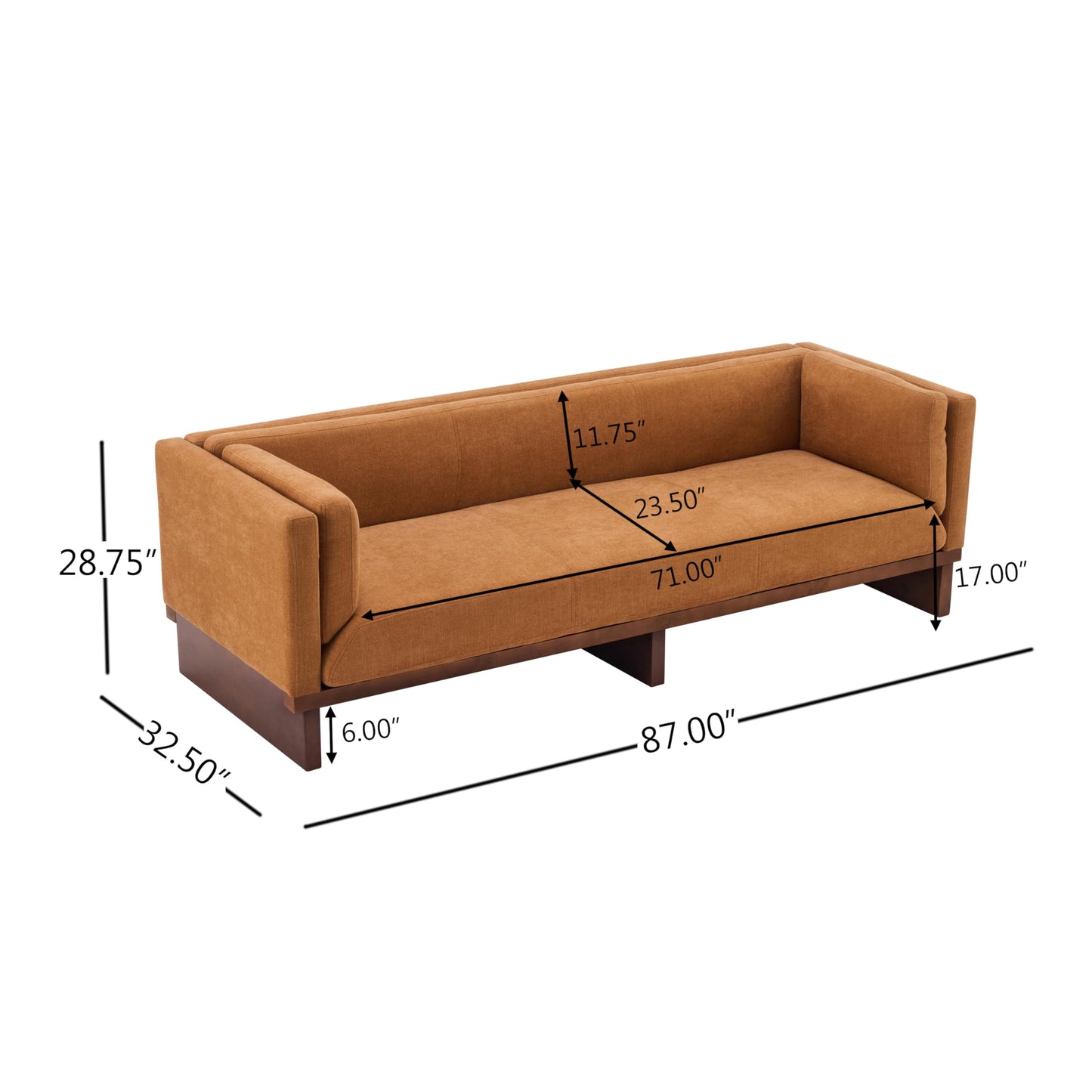 Christopher Knight Home 87" Recessed Modern Sofa Couch, 3 Seater Deep Seat Upholstered Polyester Fabric Sofa with Straight Back, Arms & Solid Wood Frame, Accent Sofa for Living Room Bedroom, Caramel
