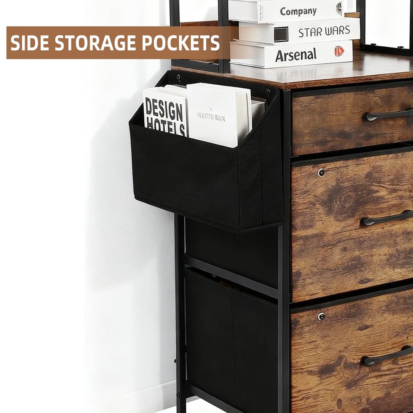 FAHKNS 3 Drawer Vertical Filing Cabinet with Charging Station, 3 Drawer File Cabinet with 4-Tier Shelves & Storage Bags, Printer Stand for Home Office, Suitable for Letterhead/Legal Documents/A4
